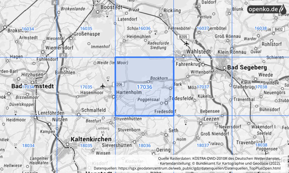 Übersichtskarte KOSTRA-DWD-2010R Rasterfeld Nr. 17036 mit angrenzenden Feldern