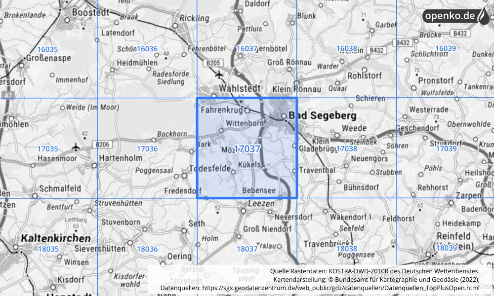 Übersichtskarte KOSTRA-DWD-2010R Rasterfeld Nr. 17037 mit angrenzenden Feldern