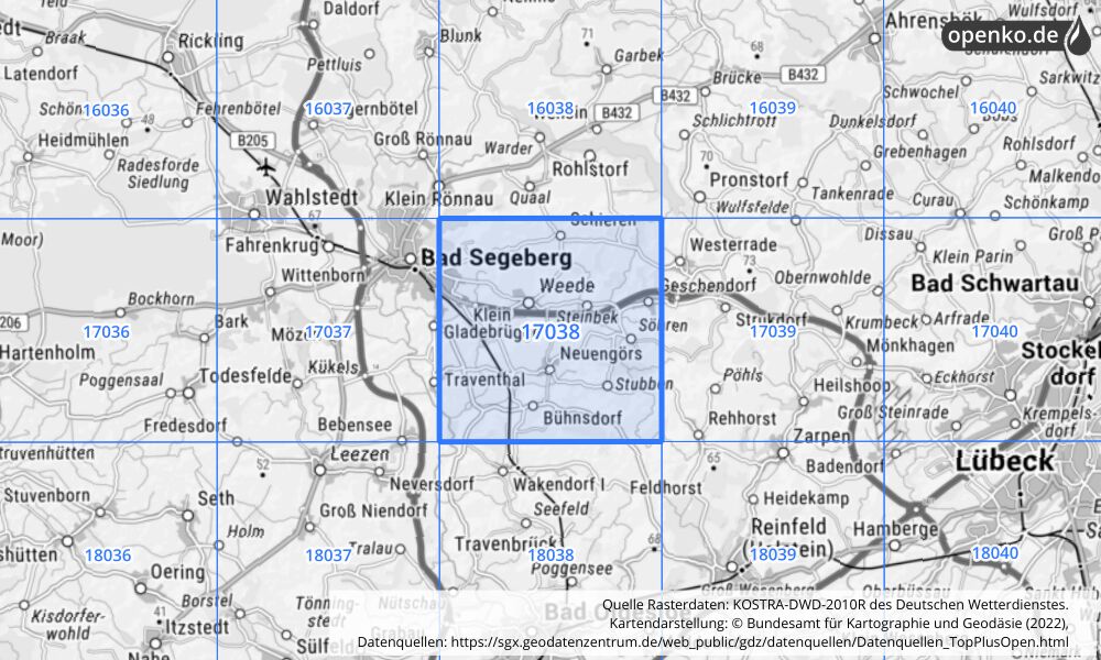 Übersichtskarte KOSTRA-DWD-2010R Rasterfeld Nr. 17038 mit angrenzenden Feldern