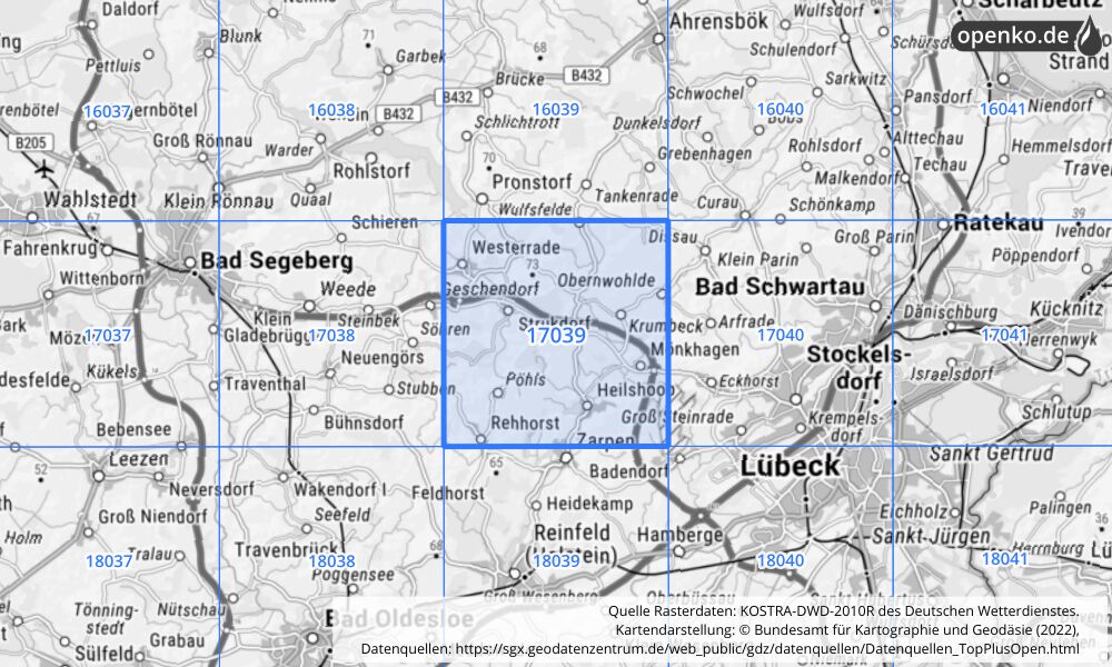 Übersichtskarte KOSTRA-DWD-2010R Rasterfeld Nr. 17039 mit angrenzenden Feldern