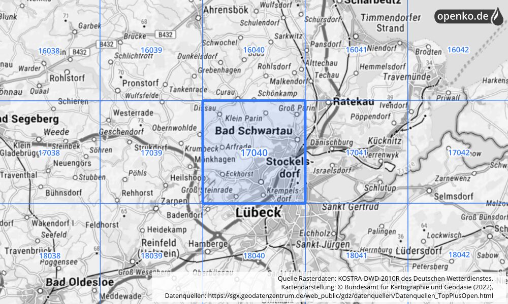 Übersichtskarte KOSTRA-DWD-2010R Rasterfeld Nr. 17040 mit angrenzenden Feldern