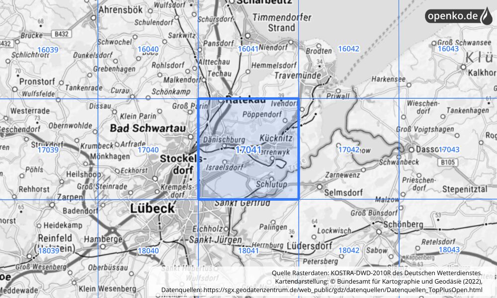 Übersichtskarte KOSTRA-DWD-2010R Rasterfeld Nr. 17041 mit angrenzenden Feldern