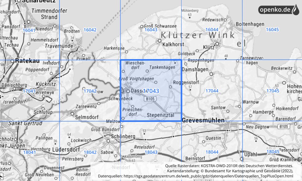 Übersichtskarte KOSTRA-DWD-2010R Rasterfeld Nr. 17043 mit angrenzenden Feldern