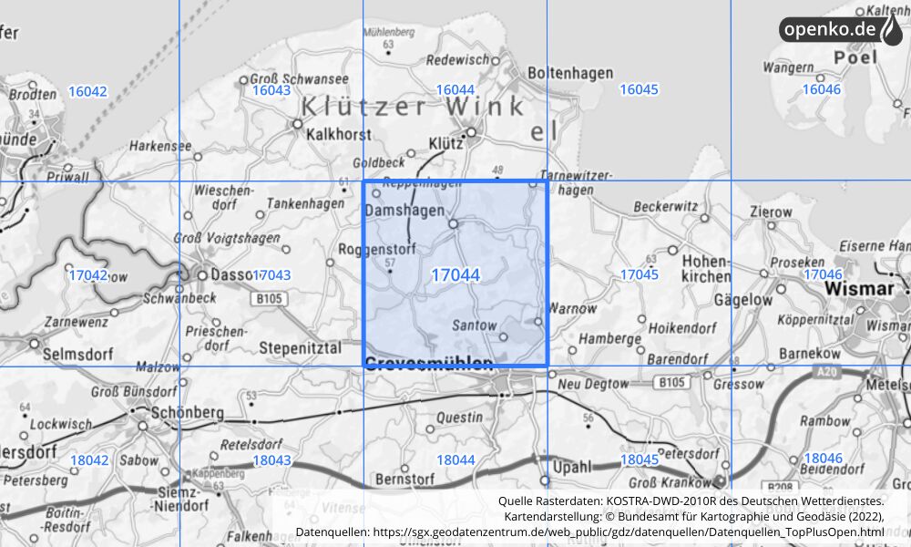 Übersichtskarte KOSTRA-DWD-2010R Rasterfeld Nr. 17044 mit angrenzenden Feldern