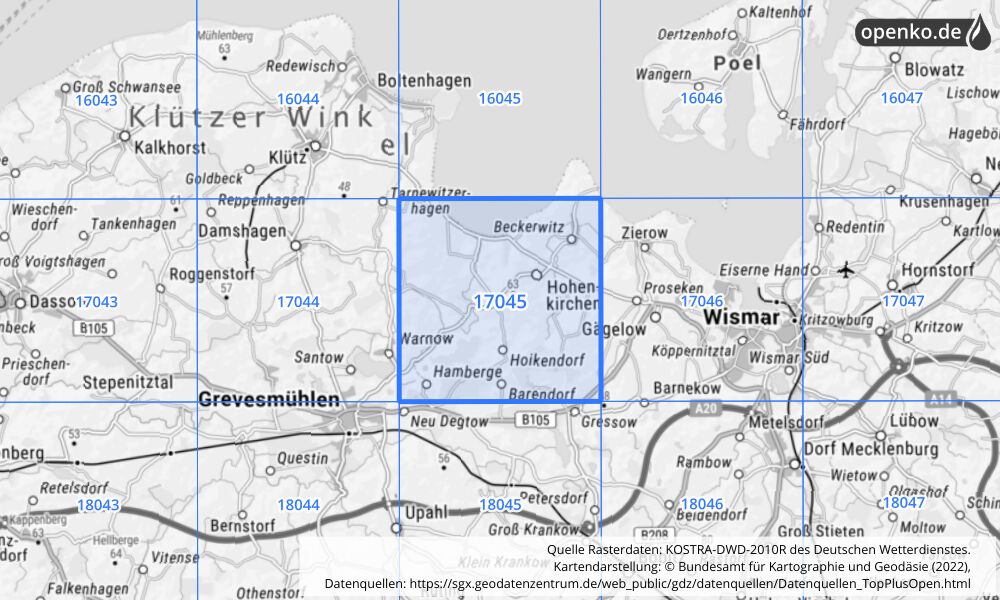 Übersichtskarte KOSTRA-DWD-2010R Rasterfeld Nr. 17045 mit angrenzenden Feldern