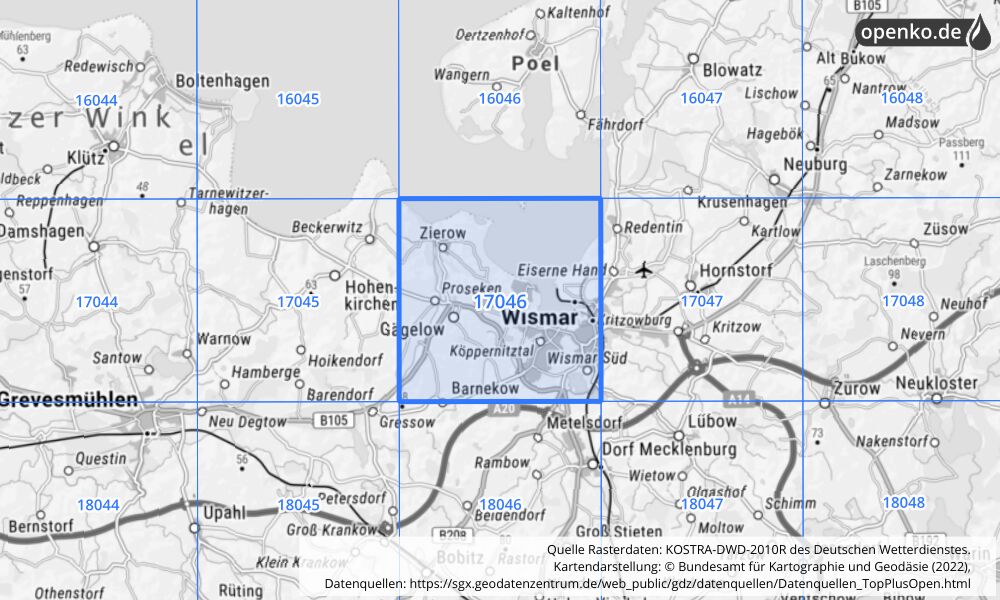 Übersichtskarte KOSTRA-DWD-2010R Rasterfeld Nr. 17046 mit angrenzenden Feldern