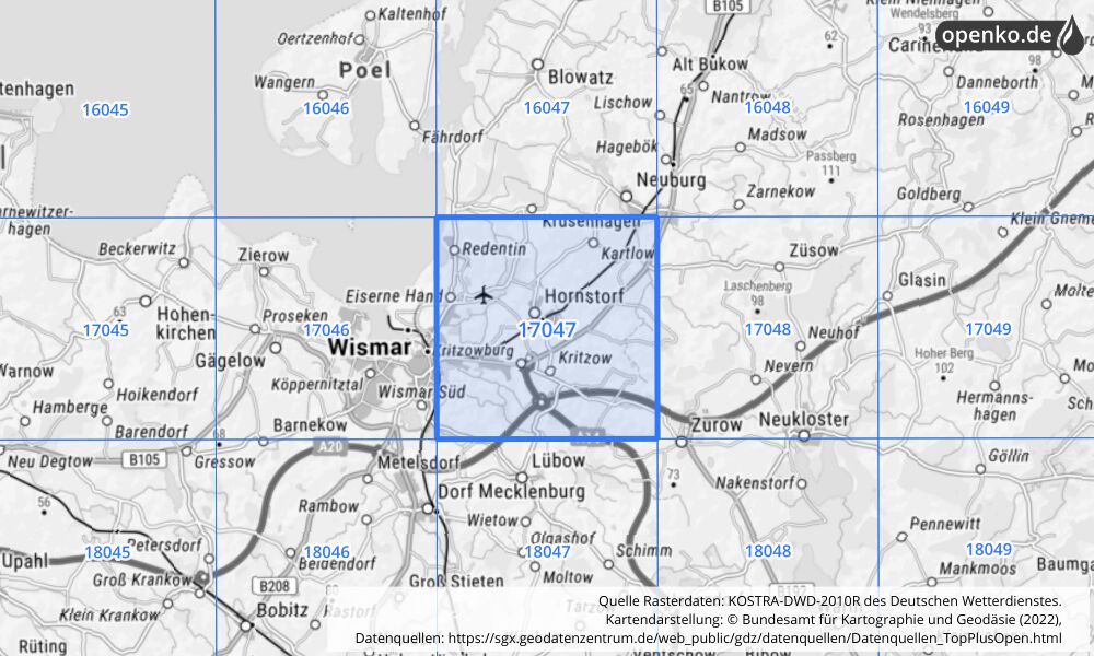 Übersichtskarte KOSTRA-DWD-2010R Rasterfeld Nr. 17047 mit angrenzenden Feldern