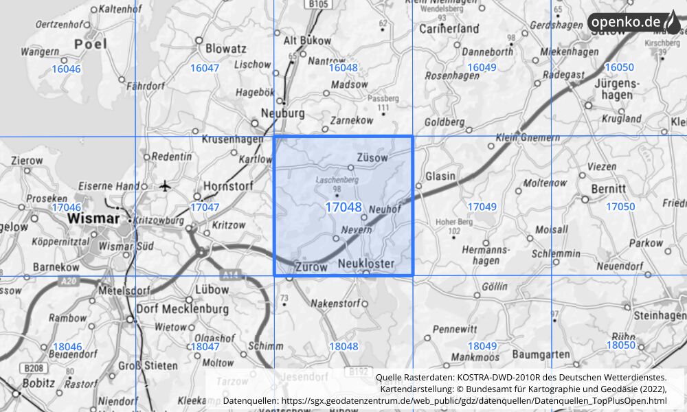 Übersichtskarte KOSTRA-DWD-2010R Rasterfeld Nr. 17048 mit angrenzenden Feldern