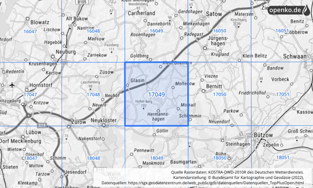 Übersichtskarte KOSTRA-DWD-2010R Rasterfeld Nr. 17049 mit angrenzenden Feldern