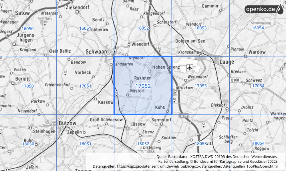 Übersichtskarte KOSTRA-DWD-2010R Rasterfeld Nr. 17052 mit angrenzenden Feldern