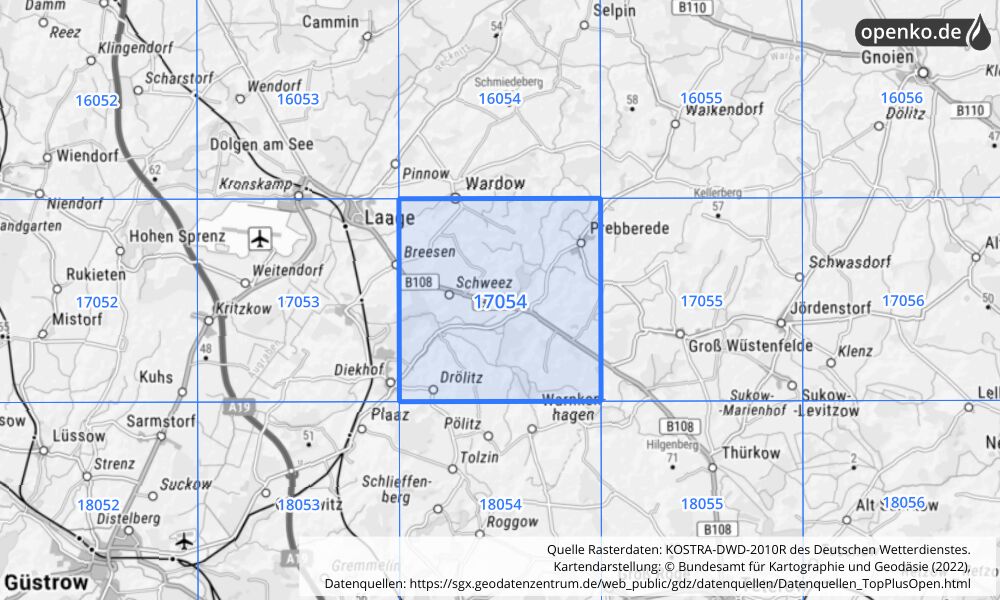 Übersichtskarte KOSTRA-DWD-2010R Rasterfeld Nr. 17054 mit angrenzenden Feldern