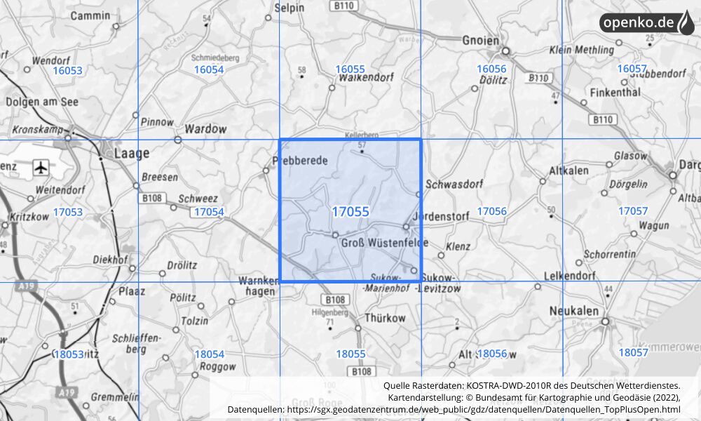 Übersichtskarte KOSTRA-DWD-2010R Rasterfeld Nr. 17055 mit angrenzenden Feldern