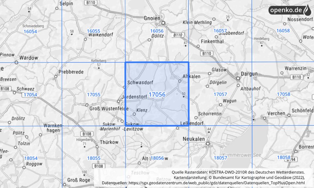 Übersichtskarte KOSTRA-DWD-2010R Rasterfeld Nr. 17056 mit angrenzenden Feldern