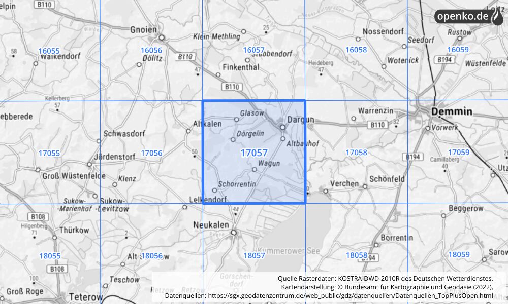 Übersichtskarte KOSTRA-DWD-2010R Rasterfeld Nr. 17057 mit angrenzenden Feldern