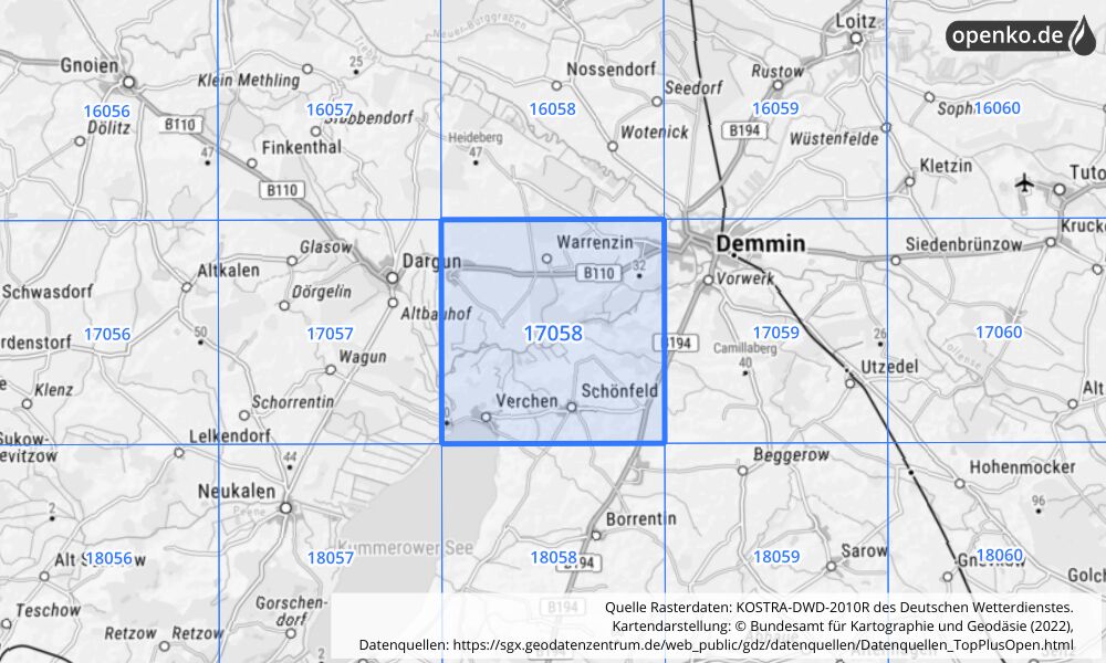 Übersichtskarte KOSTRA-DWD-2010R Rasterfeld Nr. 17058 mit angrenzenden Feldern