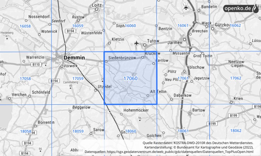 Übersichtskarte KOSTRA-DWD-2010R Rasterfeld Nr. 17060 mit angrenzenden Feldern