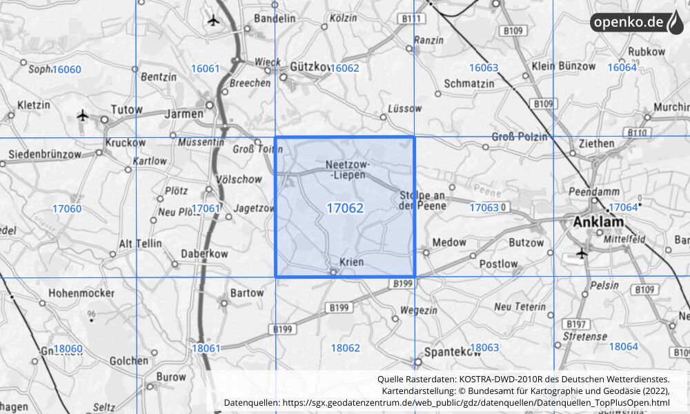 Übersichtskarte KOSTRA-DWD-2010R Rasterfeld Nr. 17062 mit angrenzenden Feldern