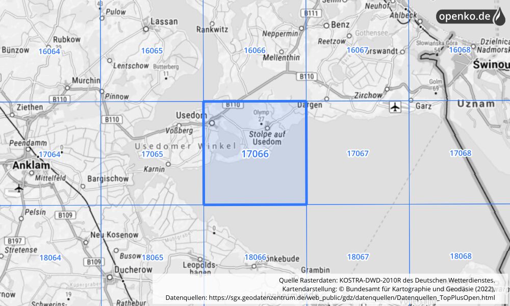 Übersichtskarte KOSTRA-DWD-2010R Rasterfeld Nr. 17066 mit angrenzenden Feldern