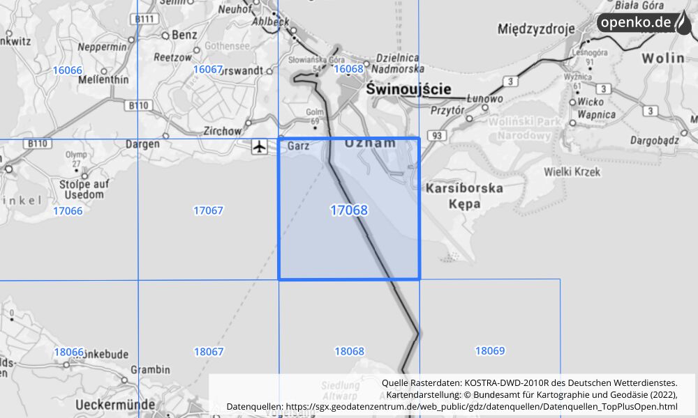 Übersichtskarte KOSTRA-DWD-2010R Rasterfeld Nr. 17068 mit angrenzenden Feldern