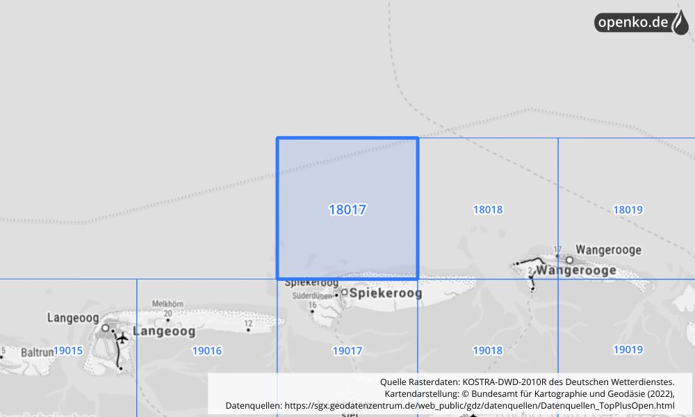 Übersichtskarte KOSTRA-DWD-2010R Rasterfeld Nr. 18017 mit angrenzenden Feldern