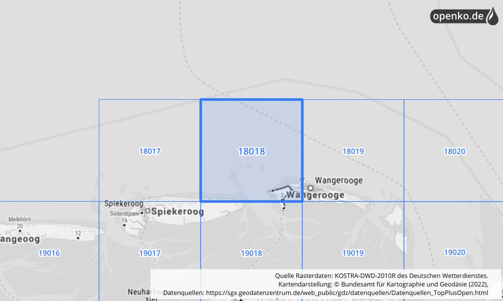 Übersichtskarte KOSTRA-DWD-2010R Rasterfeld Nr. 18018 mit angrenzenden Feldern