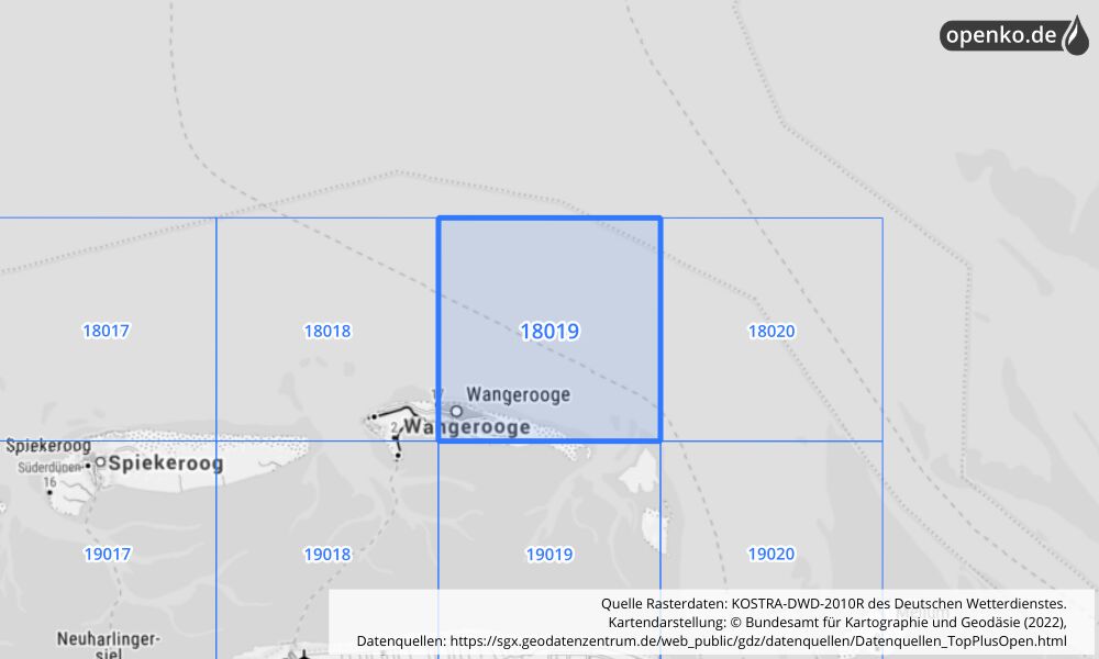 Übersichtskarte KOSTRA-DWD-2010R Rasterfeld Nr. 18019 mit angrenzenden Feldern