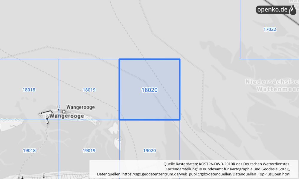 Übersichtskarte KOSTRA-DWD-2010R Rasterfeld Nr. 18020 mit angrenzenden Feldern