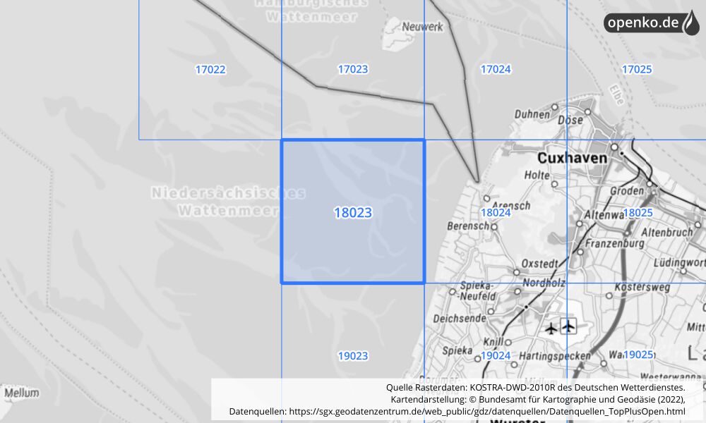 Übersichtskarte KOSTRA-DWD-2010R Rasterfeld Nr. 18023 mit angrenzenden Feldern