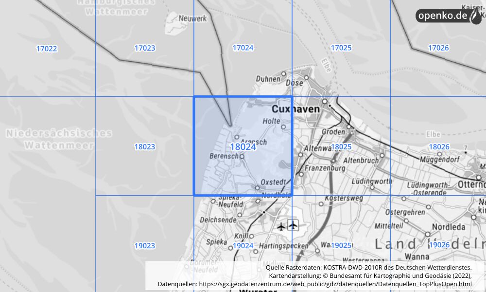 Übersichtskarte KOSTRA-DWD-2010R Rasterfeld Nr. 18024 mit angrenzenden Feldern