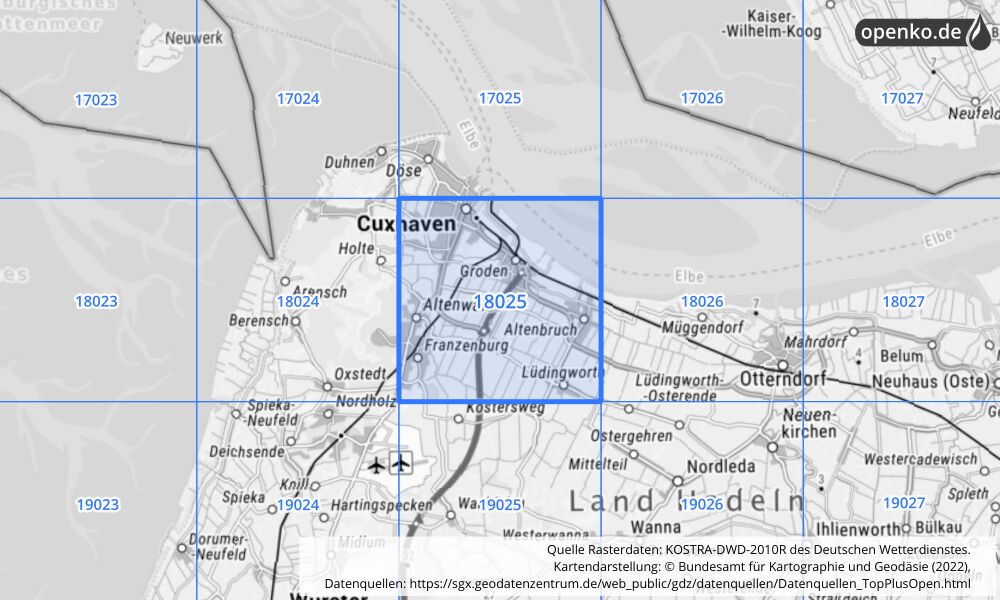 Übersichtskarte KOSTRA-DWD-2010R Rasterfeld Nr. 18025 mit angrenzenden Feldern