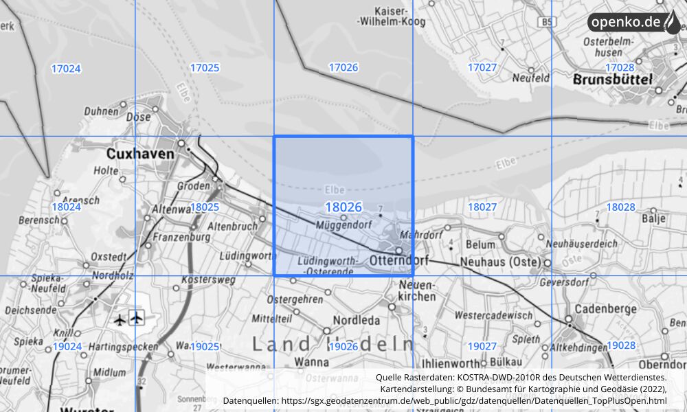 Übersichtskarte KOSTRA-DWD-2010R Rasterfeld Nr. 18026 mit angrenzenden Feldern