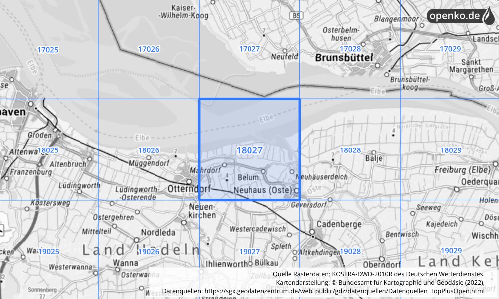 Übersichtskarte KOSTRA-DWD-2010R Rasterfeld Nr. 18027 mit angrenzenden Feldern