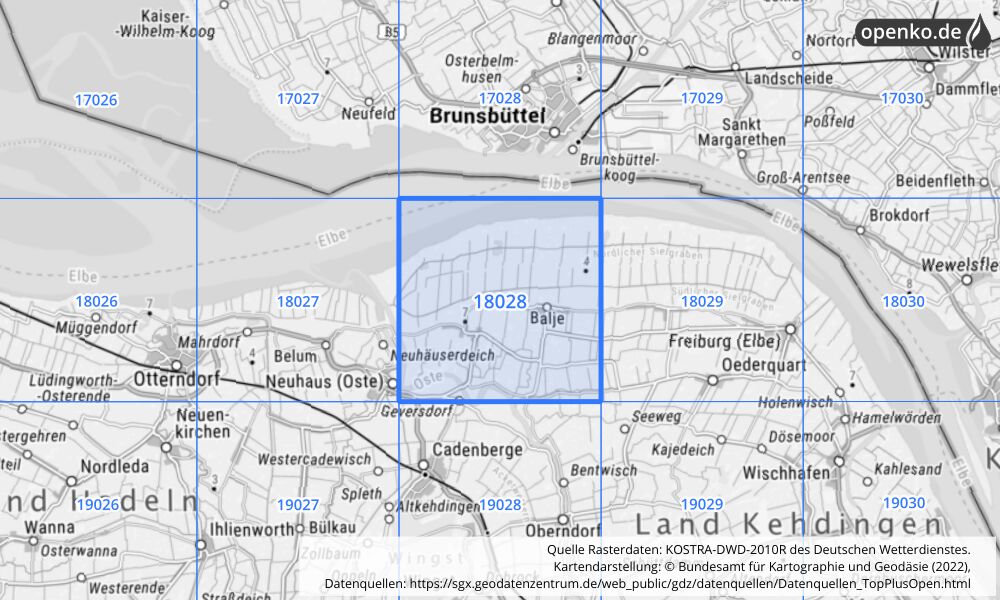 Übersichtskarte KOSTRA-DWD-2010R Rasterfeld Nr. 18028 mit angrenzenden Feldern