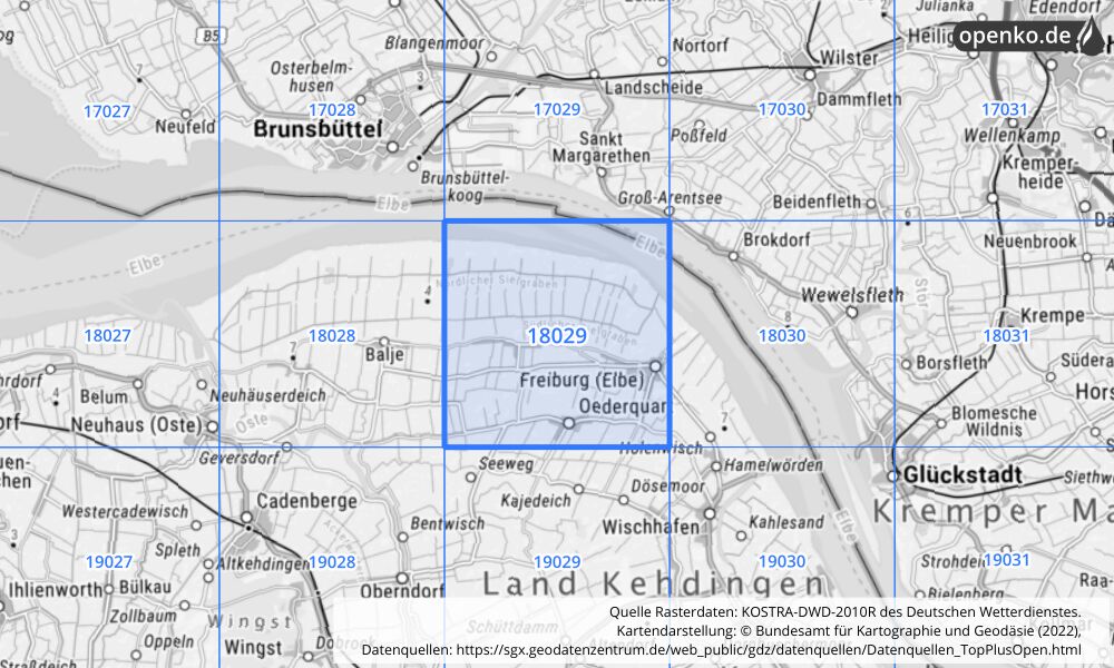 Übersichtskarte KOSTRA-DWD-2010R Rasterfeld Nr. 18029 mit angrenzenden Feldern