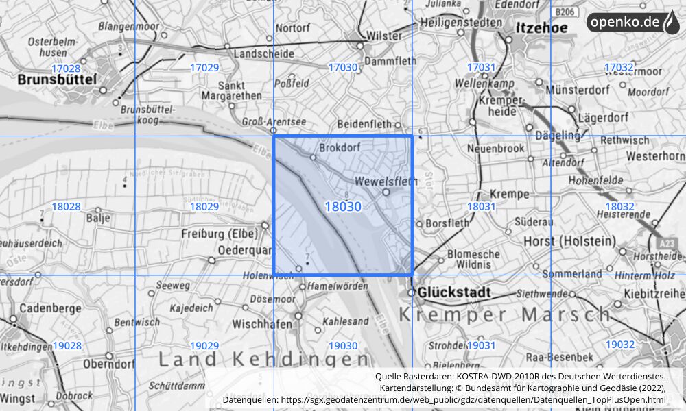 Übersichtskarte KOSTRA-DWD-2010R Rasterfeld Nr. 18030 mit angrenzenden Feldern