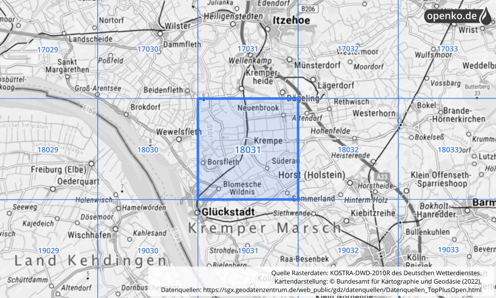 Übersichtskarte KOSTRA-DWD-2010R Rasterfeld Nr. 18031 mit angrenzenden Feldern