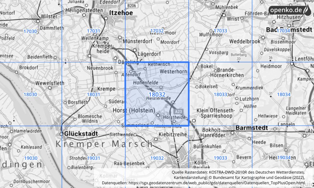 Übersichtskarte KOSTRA-DWD-2010R Rasterfeld Nr. 18032 mit angrenzenden Feldern