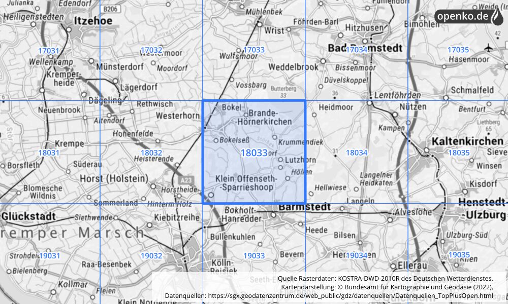 Übersichtskarte KOSTRA-DWD-2010R Rasterfeld Nr. 18033 mit angrenzenden Feldern