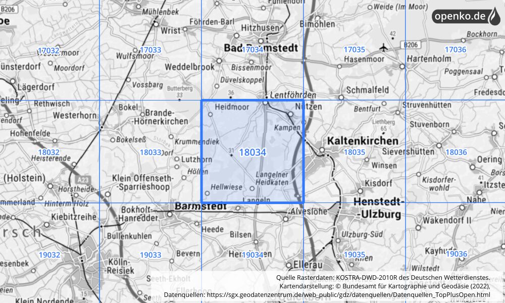 Übersichtskarte KOSTRA-DWD-2010R Rasterfeld Nr. 18034 mit angrenzenden Feldern