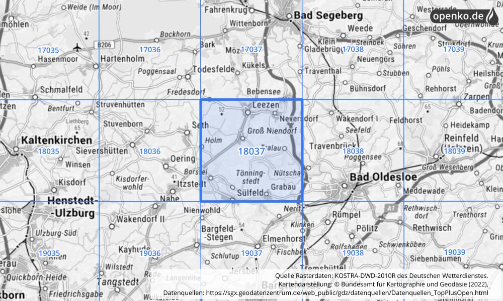 Übersichtskarte KOSTRA-DWD-2010R Rasterfeld Nr. 18037 mit angrenzenden Feldern