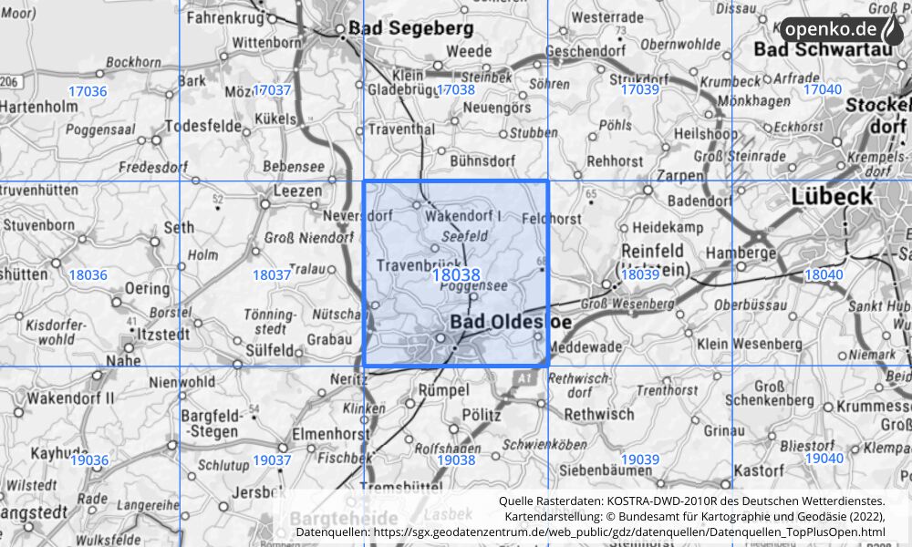 Übersichtskarte KOSTRA-DWD-2010R Rasterfeld Nr. 18038 mit angrenzenden Feldern
