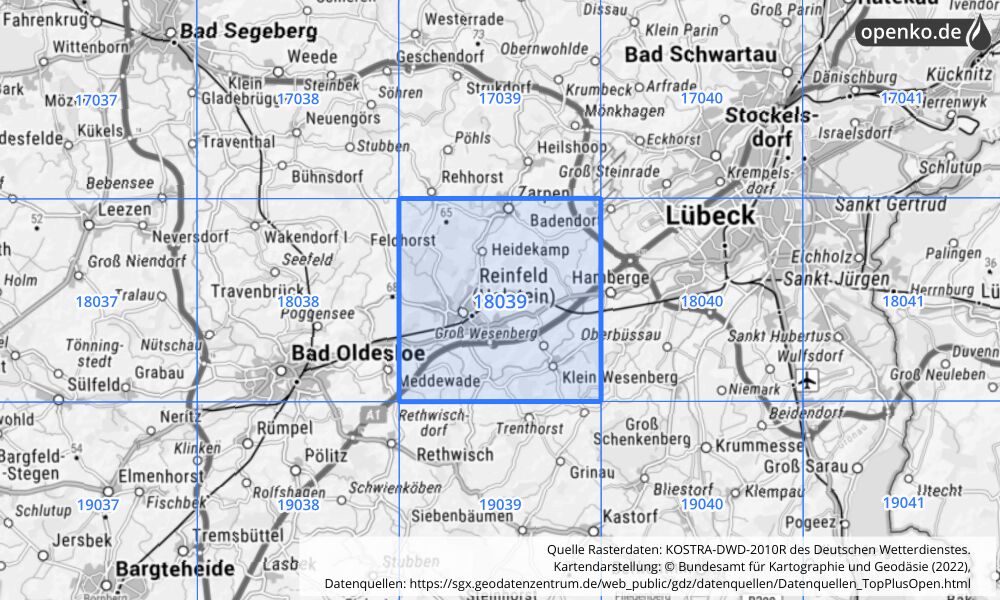 Übersichtskarte KOSTRA-DWD-2010R Rasterfeld Nr. 18039 mit angrenzenden Feldern