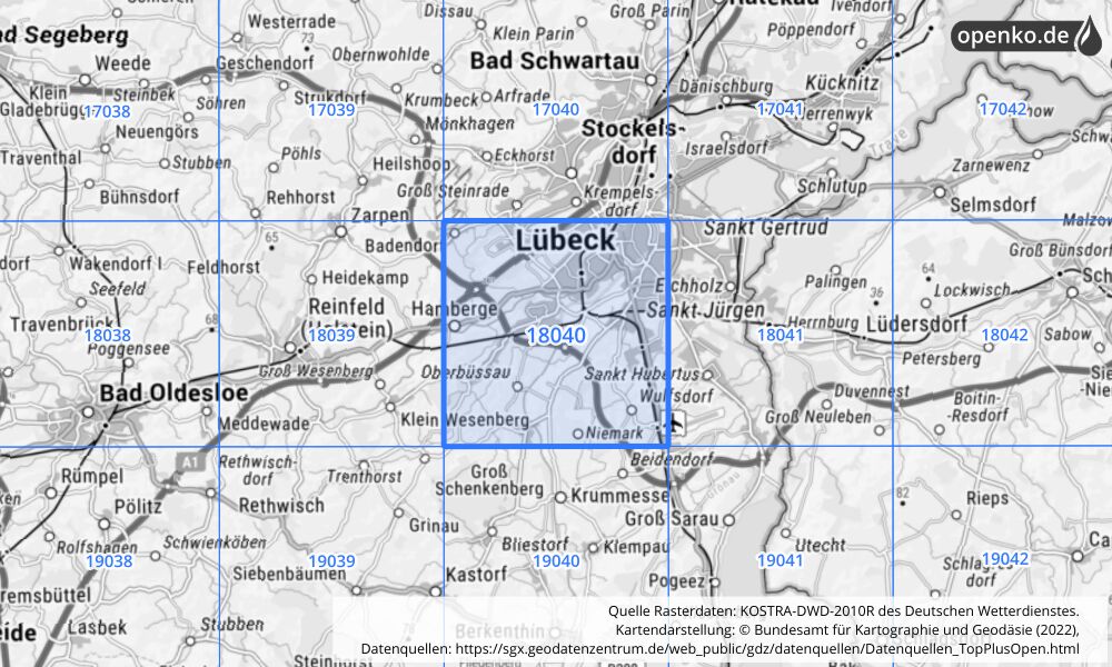 Übersichtskarte KOSTRA-DWD-2010R Rasterfeld Nr. 18040 mit angrenzenden Feldern