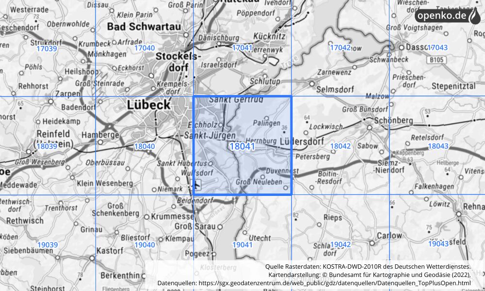 Übersichtskarte KOSTRA-DWD-2010R Rasterfeld Nr. 18041 mit angrenzenden Feldern