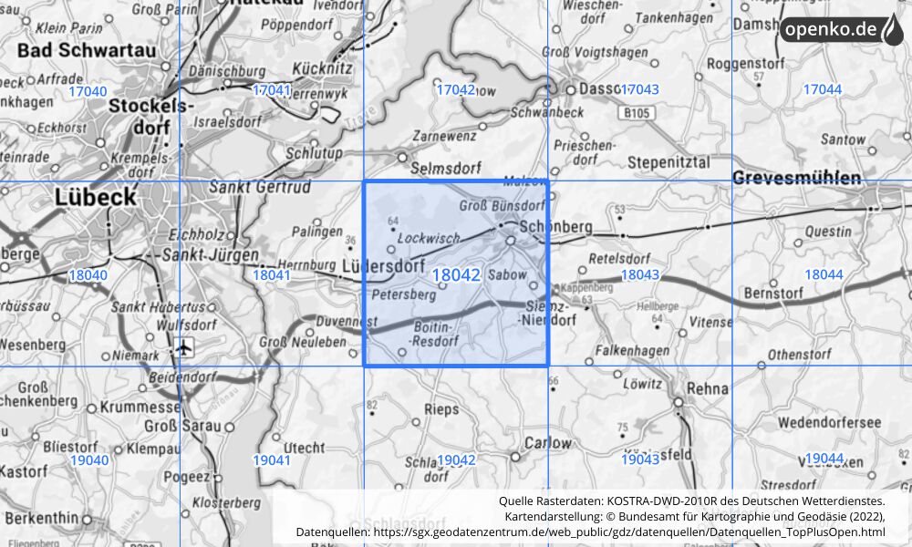 Übersichtskarte KOSTRA-DWD-2010R Rasterfeld Nr. 18042 mit angrenzenden Feldern