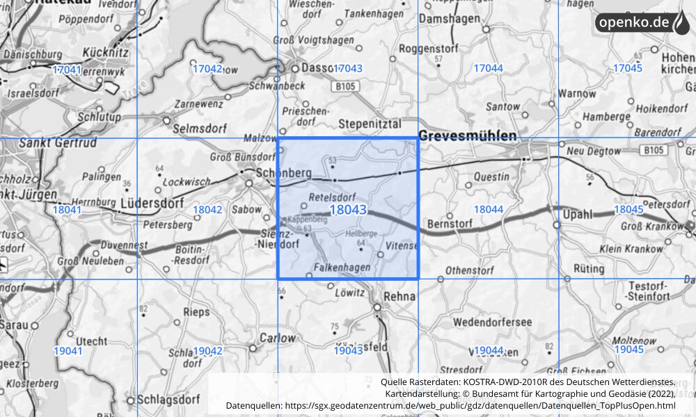 Übersichtskarte KOSTRA-DWD-2010R Rasterfeld Nr. 18043 mit angrenzenden Feldern