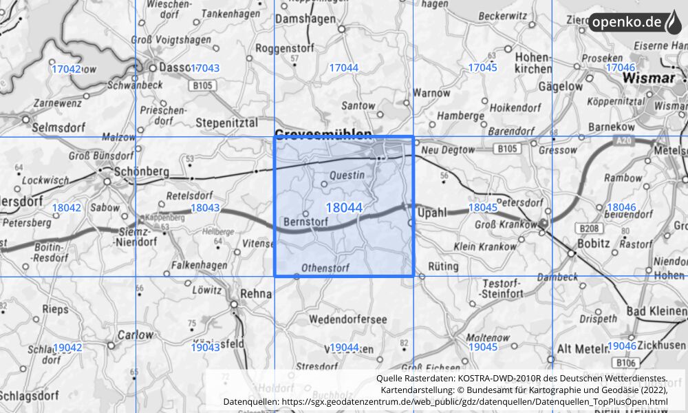 Übersichtskarte KOSTRA-DWD-2010R Rasterfeld Nr. 18044 mit angrenzenden Feldern