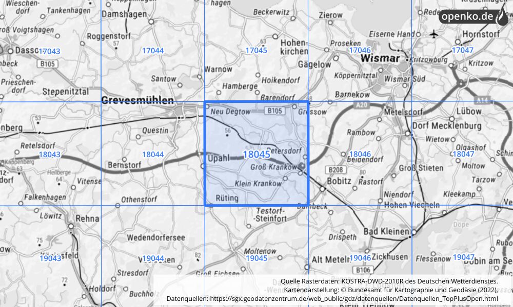 Übersichtskarte KOSTRA-DWD-2010R Rasterfeld Nr. 18045 mit angrenzenden Feldern