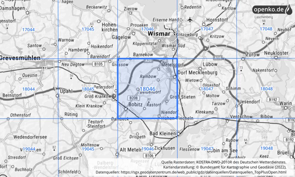 Übersichtskarte KOSTRA-DWD-2010R Rasterfeld Nr. 18046 mit angrenzenden Feldern