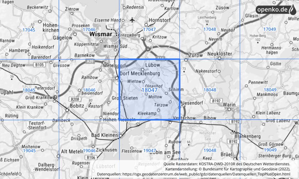 Übersichtskarte KOSTRA-DWD-2010R Rasterfeld Nr. 18047 mit angrenzenden Feldern